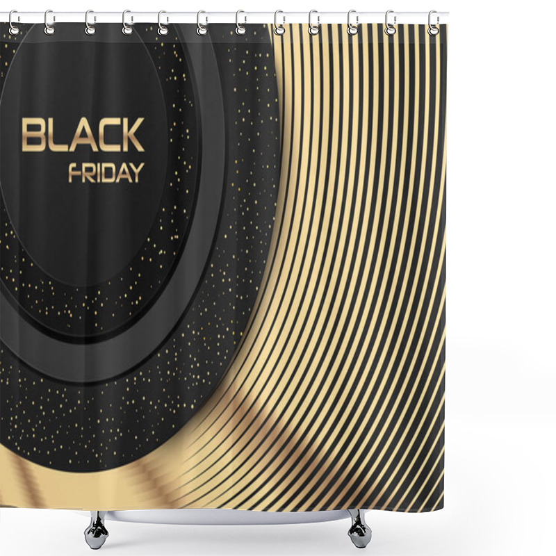 Personality  Black Friday Sale Poster Or Banner. Commercial Discount Event Golden Banner. Black Abstract Background With Stepped Geometric Paper Shapes And Stardust Pattern. Vector Business Illustration. Ads Sign. Shower Curtains