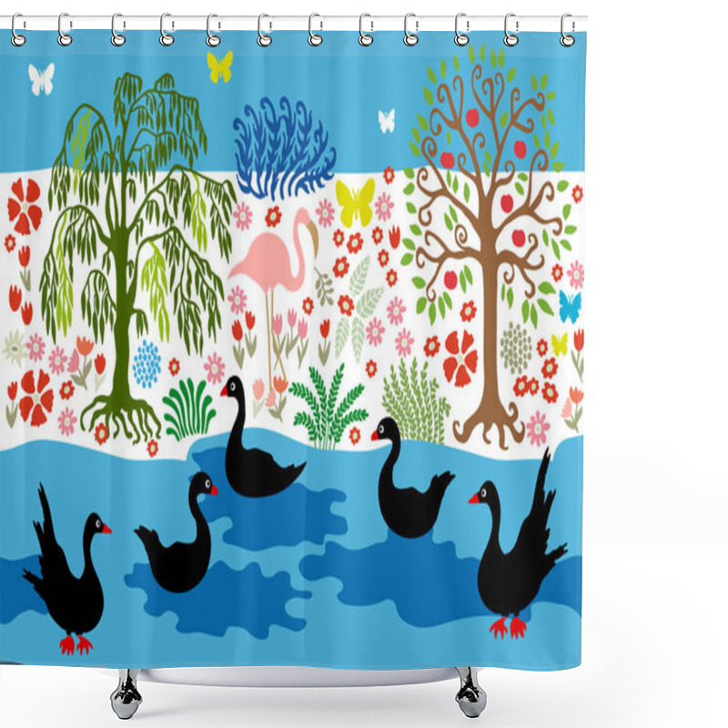 Personality  Quiet Lake With Swans. Shower Curtains