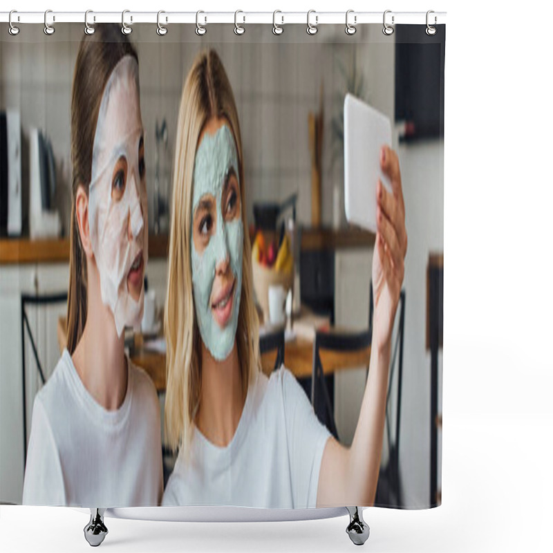 Personality  Sisters In Face Masks Taking Selfie With Smartphone At Home, Panoramic Shot  Shower Curtains