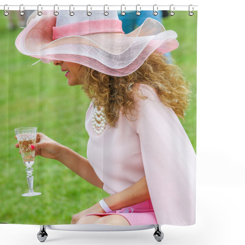 Personality  Elegant Woman Drinking With Her Beautiful Hat Shower Curtains