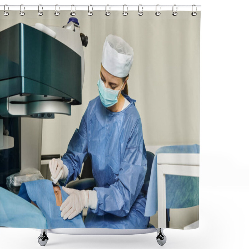 Personality  A Woman In A Surgical Gown Operates A Machine At The Doctors Office For Laser Vision Correction. Shower Curtains