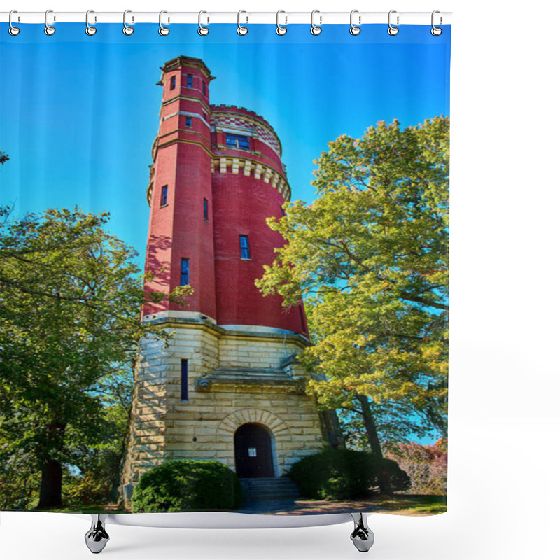 Personality  A Stunning Red-brick Tower Rises Against A Vivid Blue Sky In Cincinnati Conservatory Gardens. Surrounded By Lush Greenery, It Embodies Serenity And Timeless Architecture Perfect For Travel Or Shower Curtains