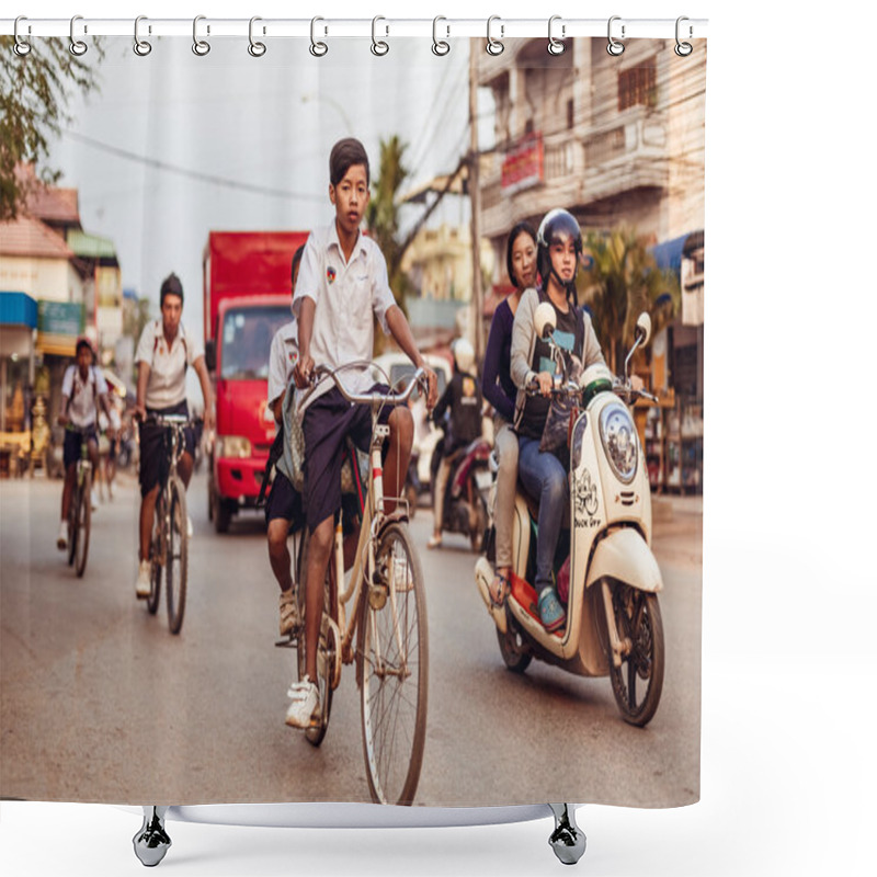 Personality  SIEMREAP, CAMBODIA - JAN 25, 2016: The Local People Drive On The Road Shower Curtains