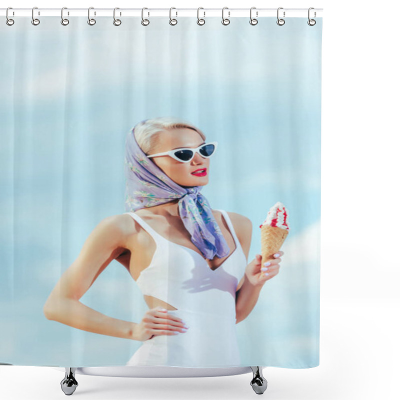 Personality  Elegant Girl In Retro Swimsuit And Trendy Sunglasses Holding Sweet Ice Cream Outdoors Shower Curtains