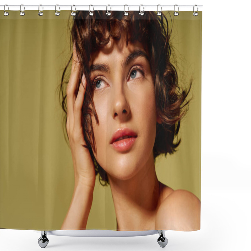 Personality  A Young Woman With Curly Hair Gazes Thoughtfully, Revealing Her Emotions In A Serene Environment. Shower Curtains