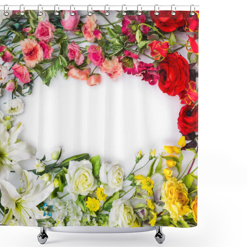 Personality  Top View Of Round Frame With Decoration Artificial Flowers, Branches, Leaves, Petals, Instruments And Paint. Isolated On White Background. Shower Curtains