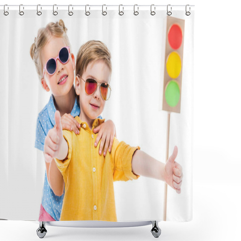 Personality  Stylish Children In Sunglasses, Boy Showing Thumbs Up, Isolated On White With Cardboard Traffic Lights On Background Shower Curtains