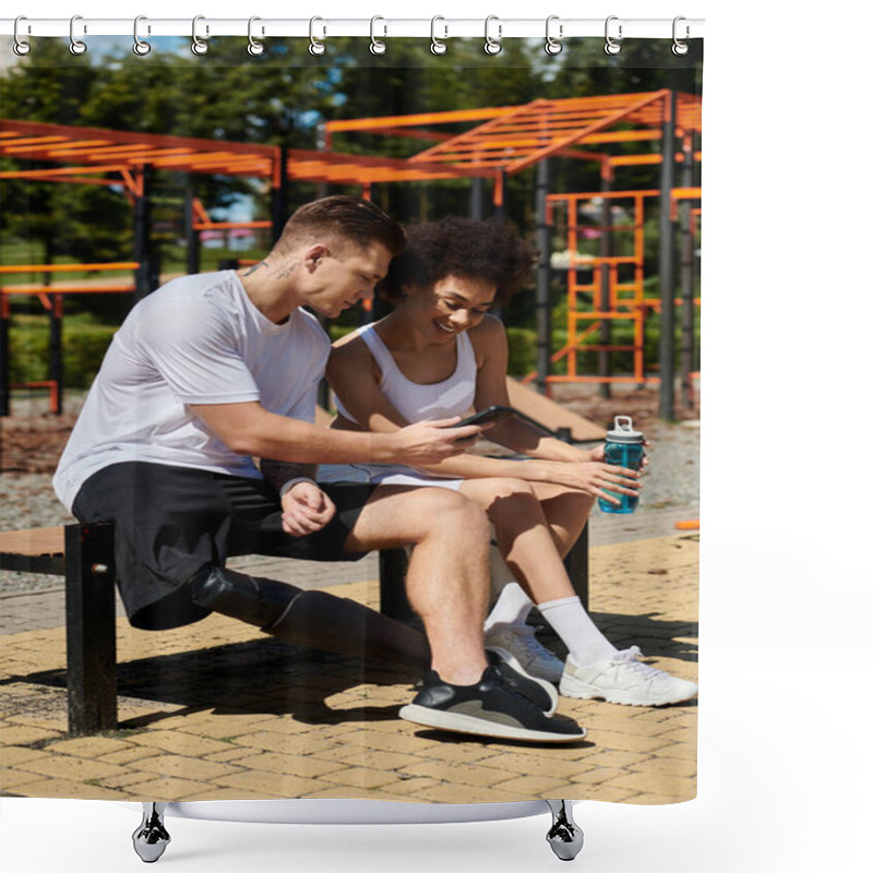 Personality  Two Friends Take A Break After Workout Outdoors, Looking At Smartphone And Smiling Shower Curtains