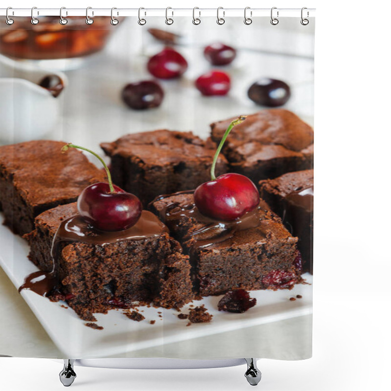 Personality  Pieces Of Fresh Brownie With Cherries And Chocolate Topping On Table Close-up. Delicious Chocolate Pie. Shower Curtains