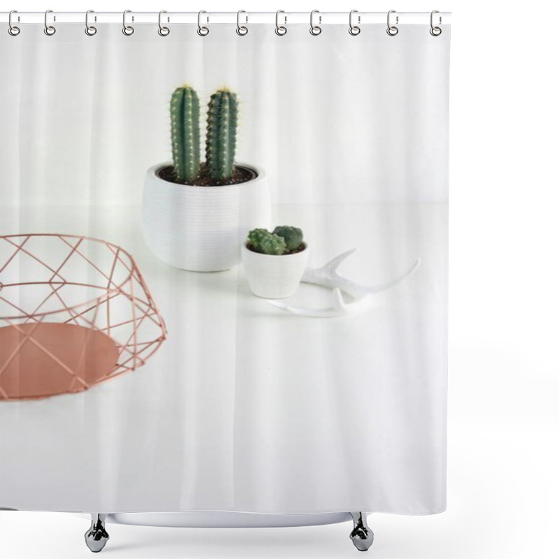 Personality  Stylish Modern Decor With Cacti In White Pots And A Geometric Basket. Shower Curtains