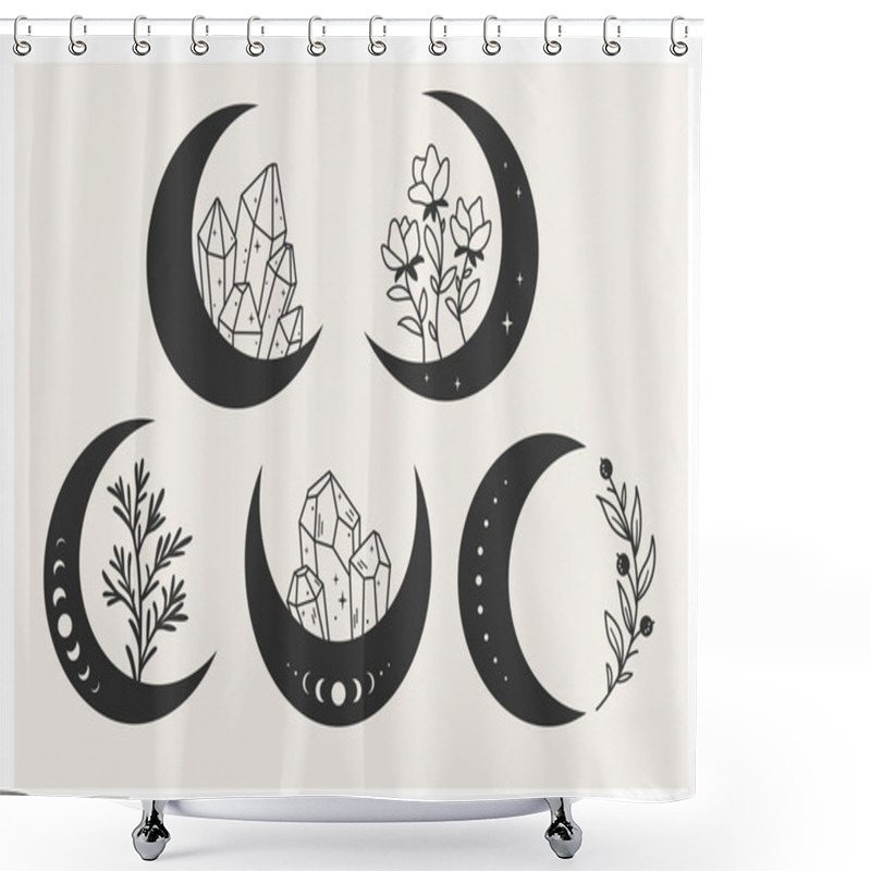 Personality  Collection Of Crescent Moon With Magic Crystals, Wildflowers, Branches. Mystical Symbol. Celestial Object. The Moon Has A Slit Pattern. Good For Design Of Magic And Spiritual Shops And Goods, Tattoos, Design Of Clothes And Stationery. Vector Illustra Shower Curtains