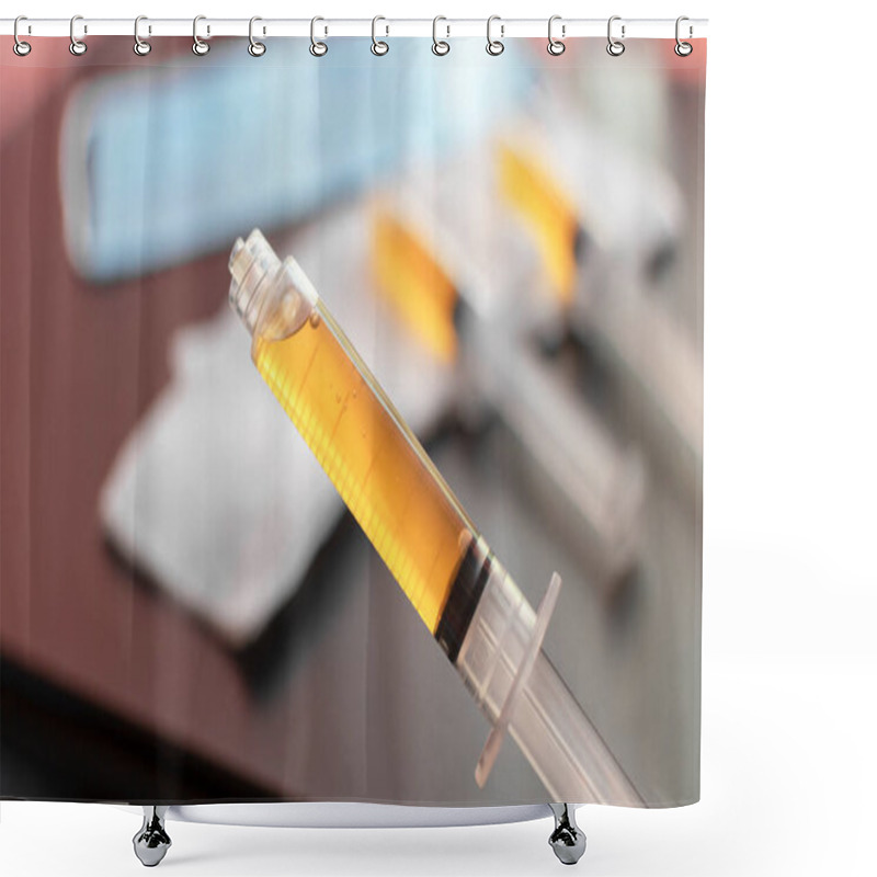 Personality  Blood Plasma In A Syringe On A Blurred Background. Blood Plasma As A Solution For The Treatment Of Coronavirus. Platelet-rich Plasma Preparation For Plasmolifting Therapy. Selective Focus. Shower Curtains