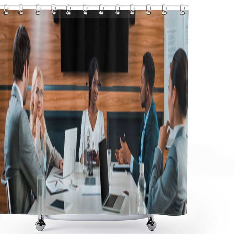 Personality  Panoramic Shot Of Young Multicultural Businesspeople Talking While Sitting In Conference Hall Shower Curtains