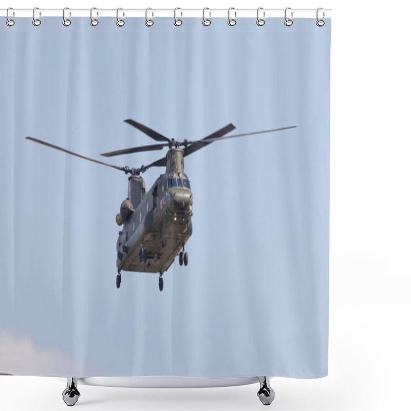 Personality  BERLIN / GERMANY - APRIL 28, 2018: Military Transport Helicopter Chinook From Boing Rotor Craft Systems Flies At Airport Berlin / Schoenefeld. Shower Curtains