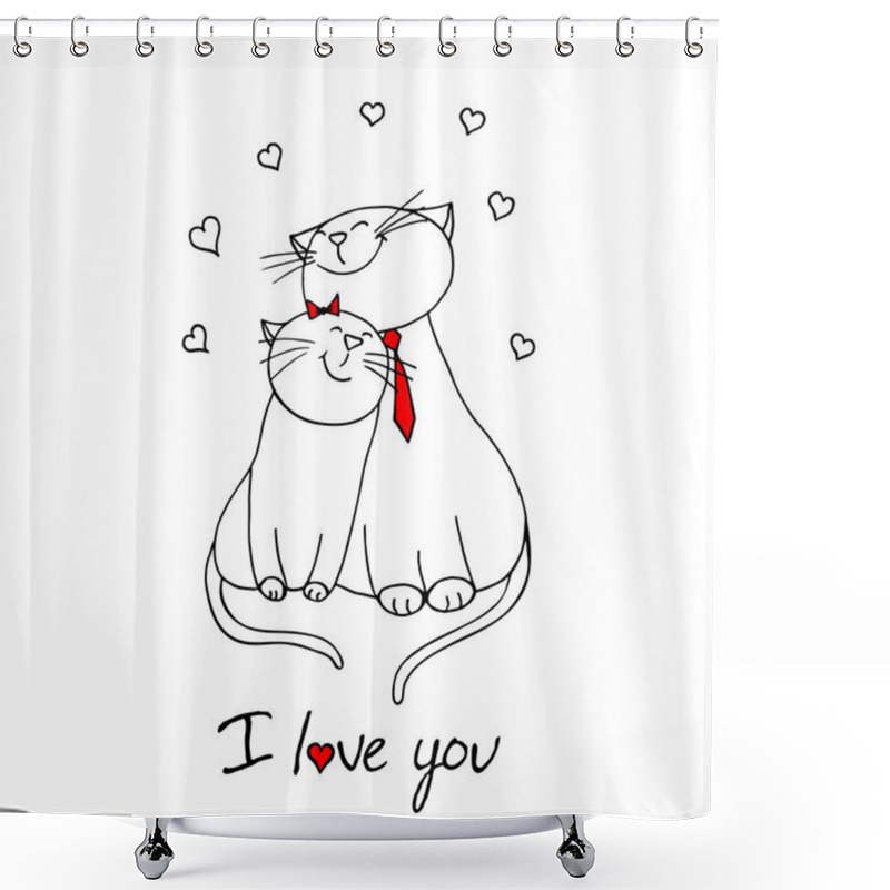 Personality  Vector Illustration Character Design Couple Cat Fall In Love And Heart For Valentine Day. Doodle Cartoon Style.  Shower Curtains