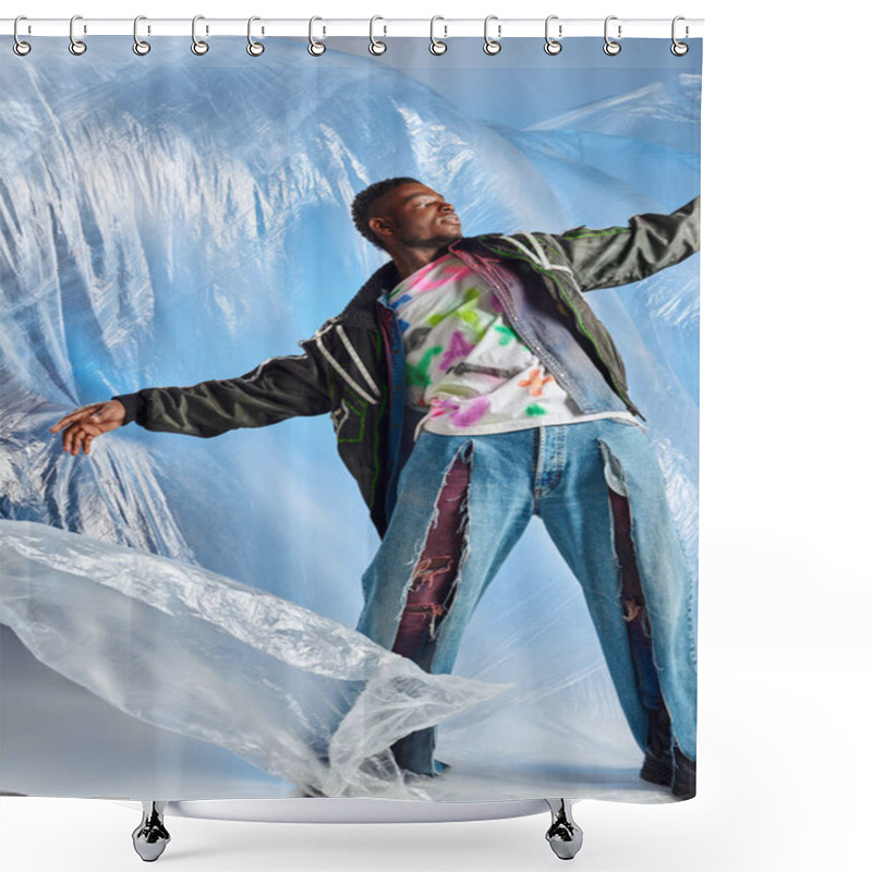 Personality  Trendy Young Afroamerican Model Posing In Outwear Jacket With Led Stripes And Ripped Jeans While Standing On Glossy Cellophane On Blue Background, Urban Outfit, DIY Clothing, Sustainable Lifestyle  Shower Curtains