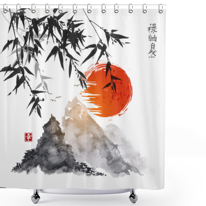 Personality  Bamboo Trees, Red Sun And Mountains Shower Curtains