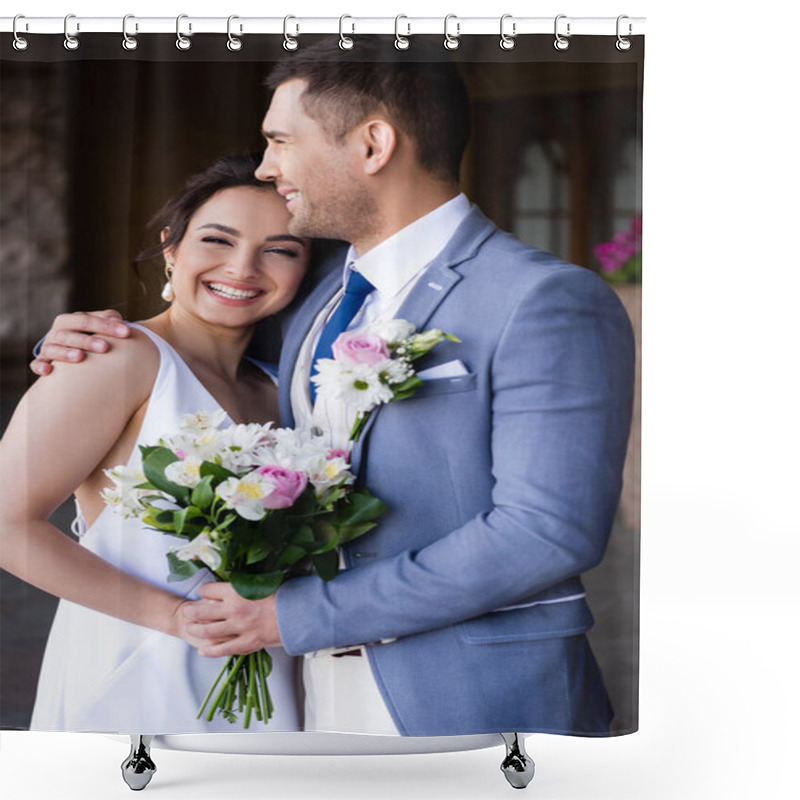 Personality  Happy Groom Hugging Bride With Bouquet Outdoors  Shower Curtains