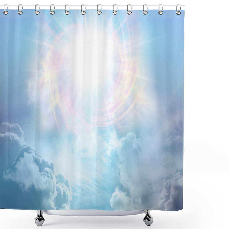 Personality  Glorious Divine Intelligence  Vortexing Starlight Sky - A Massive High Altitude Spiraling Star Sun Burst Above Bright Blue Cloudscape With Copy Space For Healing Spiritual Messages Shower Curtains