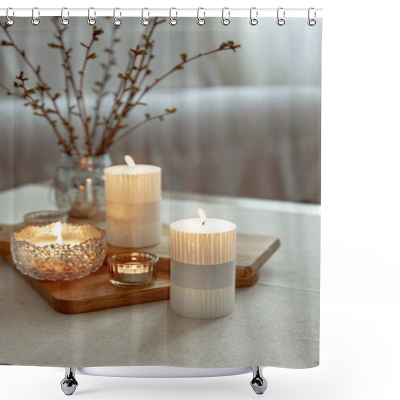 Personality  Close Up Of Burning Candles As A Detail Of Home Decor. Shower Curtains