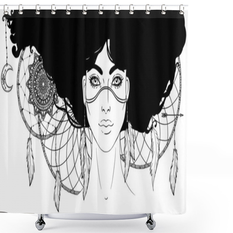 Personality  Isolated On White Illustration Of Native American Indian Girl With Feathers And Dream Catcher. Tribal Fusion Boho Diva. Coloring Book. Shower Curtains