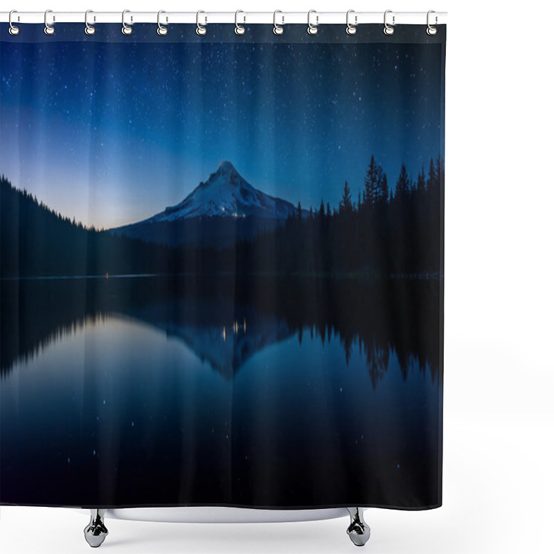 Personality  Stars In The Night Sky And Mount Hood Reflecting In Trillium Lak Shower Curtains