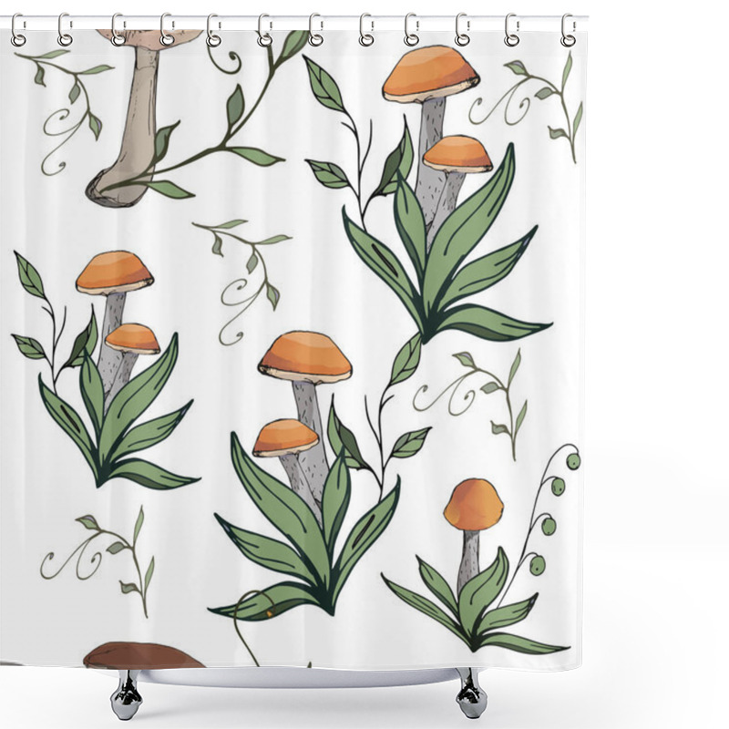 Personality  Mushrooms Edible Vegeterian Organic Mushrooming Seamless Pattern, Illustration. Boletus, Aspen Mushroom, Pattern Shower Curtains