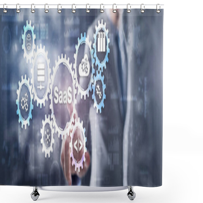 Personality  SaaS Software As A Service Concept With Hand Pressing Text Shower Curtains