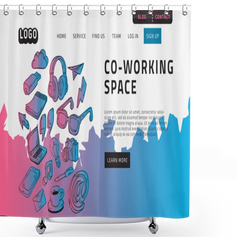 Personality  Co Working Coworking Space Desktop Landing Page For Web Website Template Design Example Front End With Hand Drawn Sketchy Line Art Drawings Illustrations Of Essential Related Objects Vector Graphic Shower Curtains