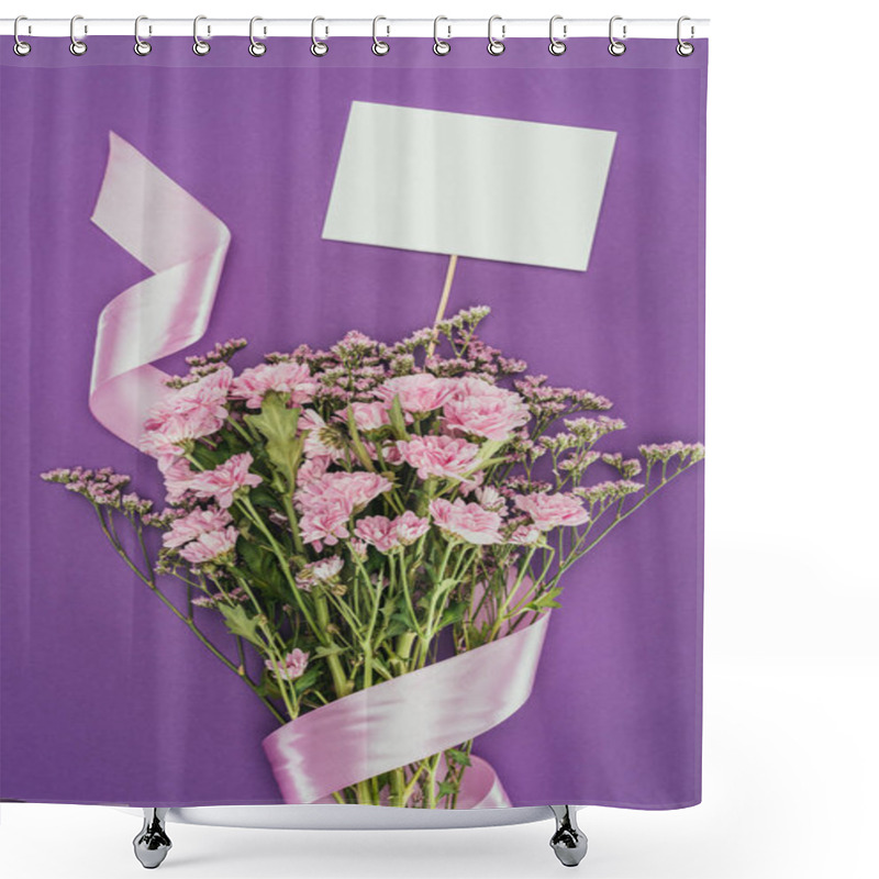 Personality  Bouquet Of Beautiful Pink Flowers With Ribbon And Blank Card On Violet Shower Curtains