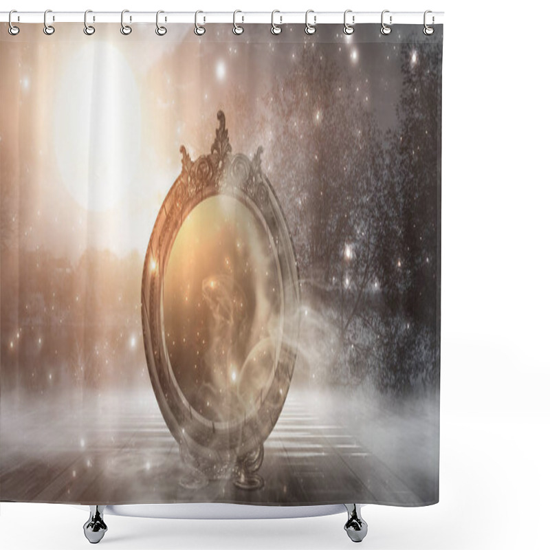 Personality  Dark Forest, Magic Mirror. Night View, Smoke, Smog, Neon Light, Moon. Dark Fantasy Mystical Landscape.  Shower Curtains