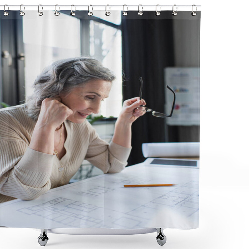 Personality  Positive Businesswoman Holding Eyeglasses Near Blueprint In Office  Shower Curtains