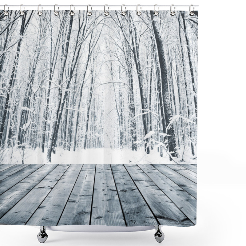 Personality  Wooden Background With Winter Forest Shower Curtains