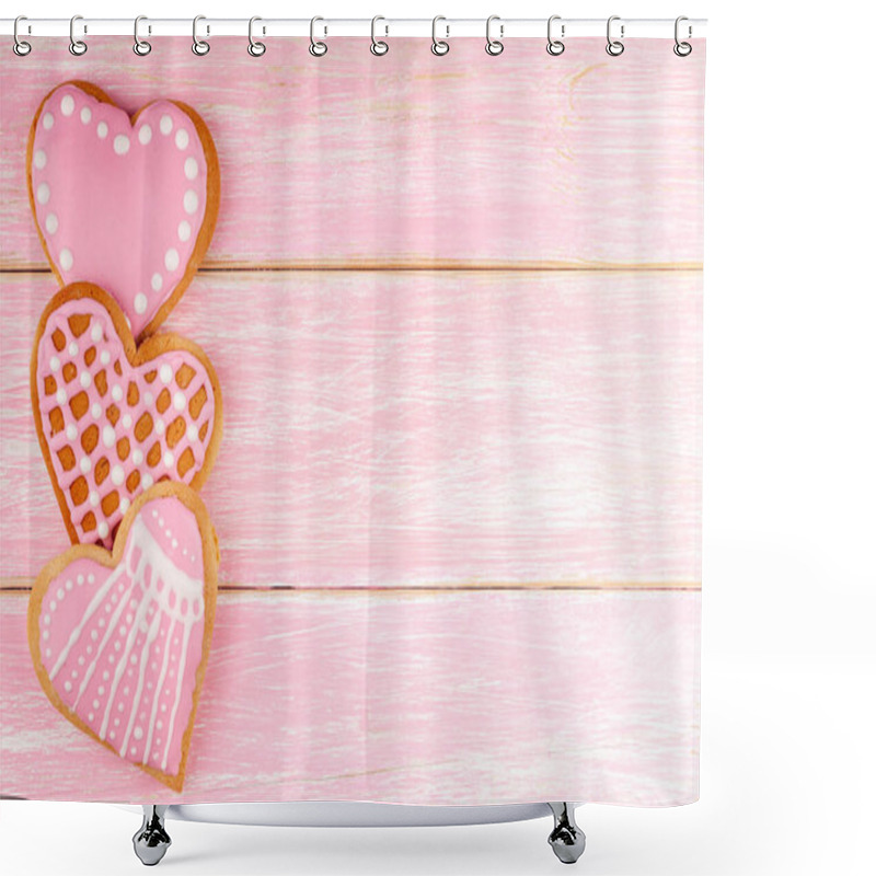 Personality  Handmade Heart Shaped Cookies On Pink Wooden Background For Valentines Day Shower Curtains