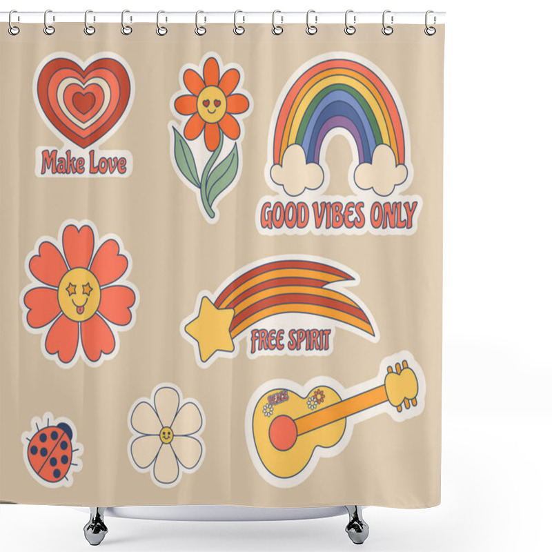 Personality  Set Of Groovy Stickers. Heart, Daisy Flower, Rainbow And Guitar, Comet And Lady Bug. Hippie Culture Isolated Patches. Trendy Positive Funky Style Elements. Cartoon Vector Illustration Shower Curtains