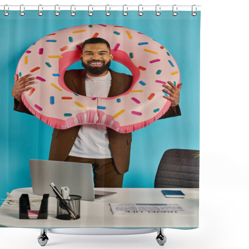 Personality  A Man Playfully Holds A Giant Donut In Front Of His Face, Peeking Through The Hole With A Mischievous Smile. Shower Curtains