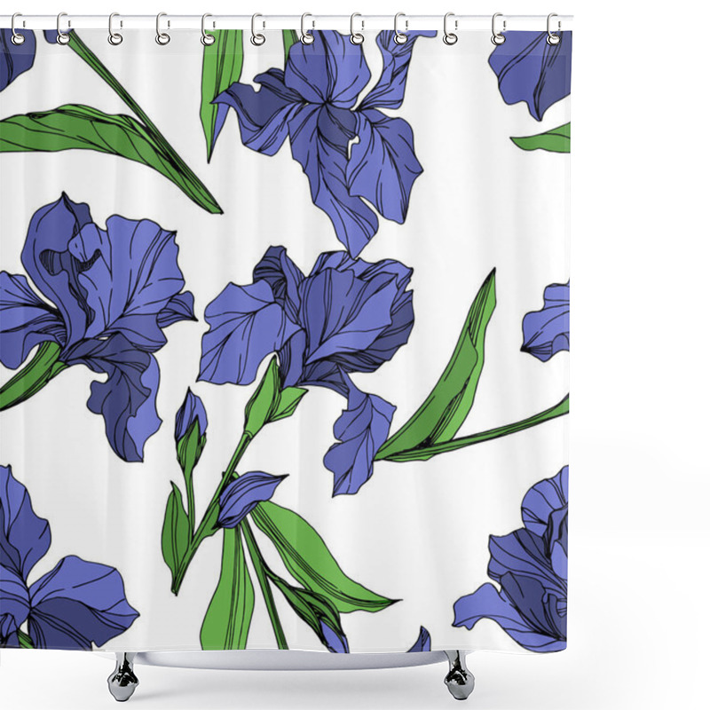 Personality  Vector Blue Iris Floral Botanical Flower. Wild Spring Leaf Wildflower Isolated. Blue And Green Engraved Ink Art. Seamless Background Pattern. Fabric Wallpaper Print Texture. Shower Curtains