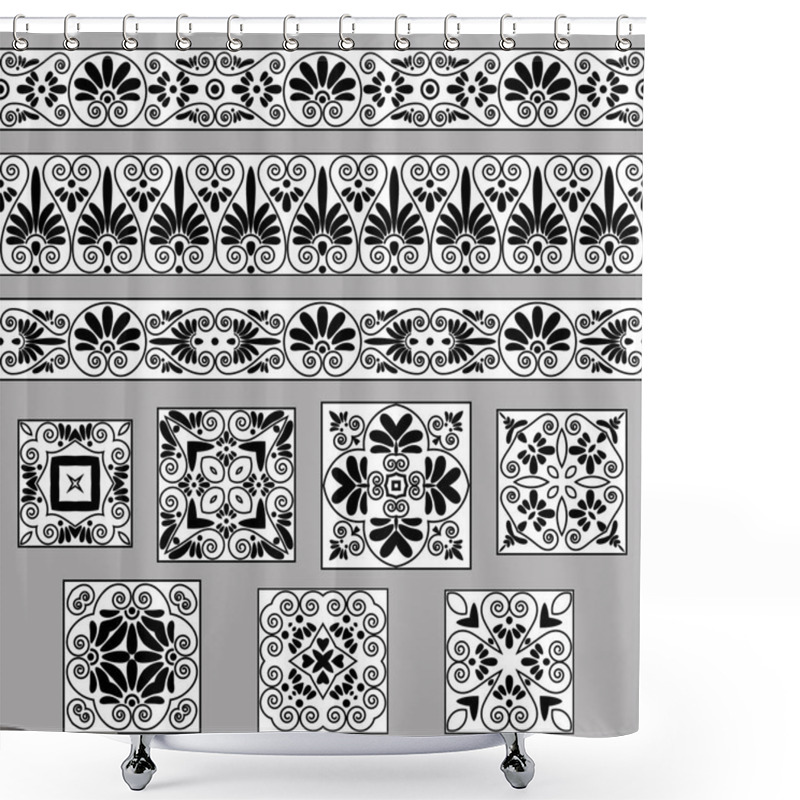 Personality  Set Collections Of Old Greek Ornaments. Antique Borders And Tiles Isolated In Black And White Colors Shower Curtains