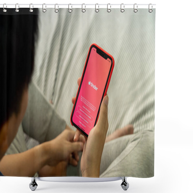 Personality  BANGKOK,THAILAND - MARCH 27, 2020: A Man Holding A Phone With Screen Shot Of Tinder On IPhone. Tinder Is A Geosocial Networking And Online Dating Application. Shower Curtains