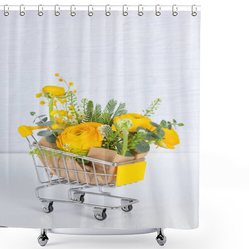 Personality  Flowers In Mini Cart, White Background Shower Curtains