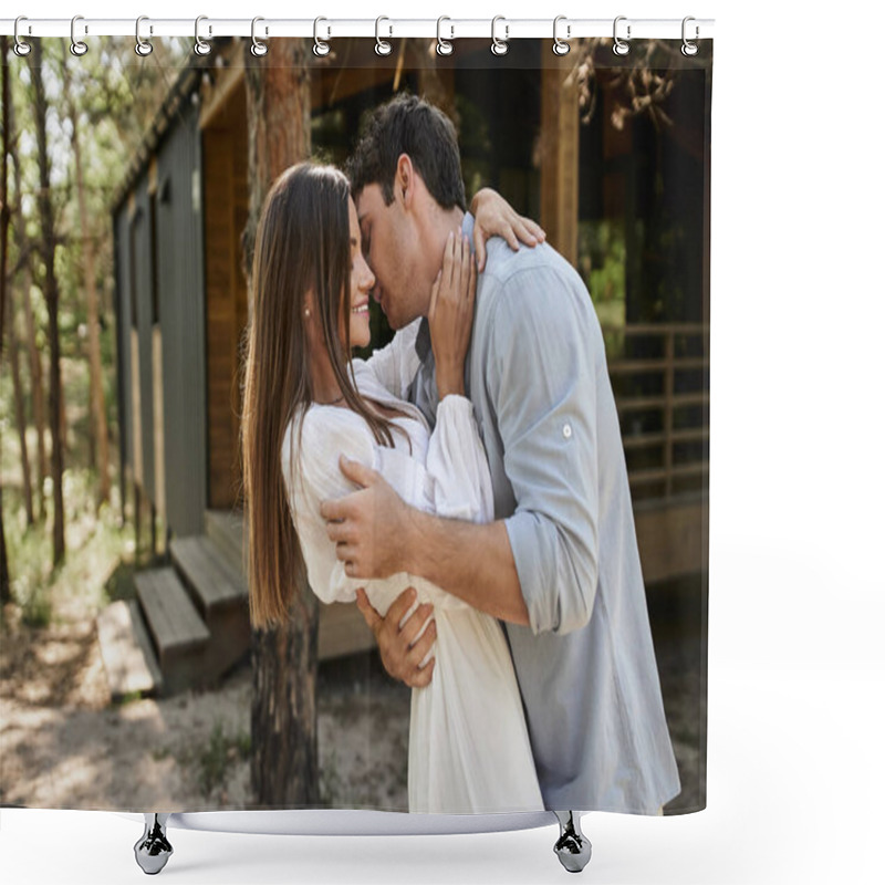 Personality  Summer Joy, Happy Woman Kissing And Hugging With Boyfriend Near Vacation House In Forest, Love Shower Curtains