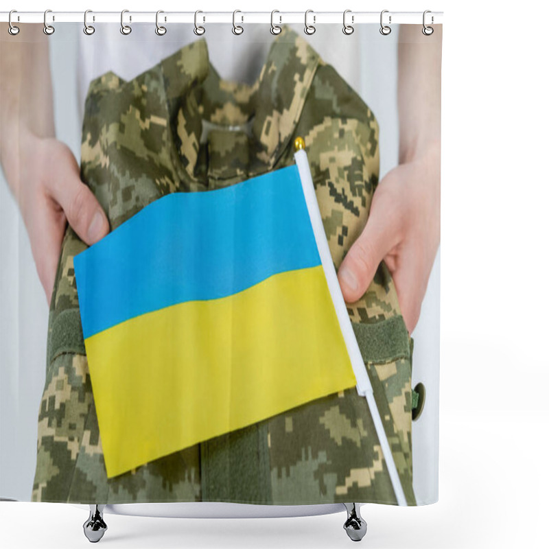 Personality  Cropped View Of Man Holding Military Uniform And Ukrainian Flag Isolated On White  Shower Curtains