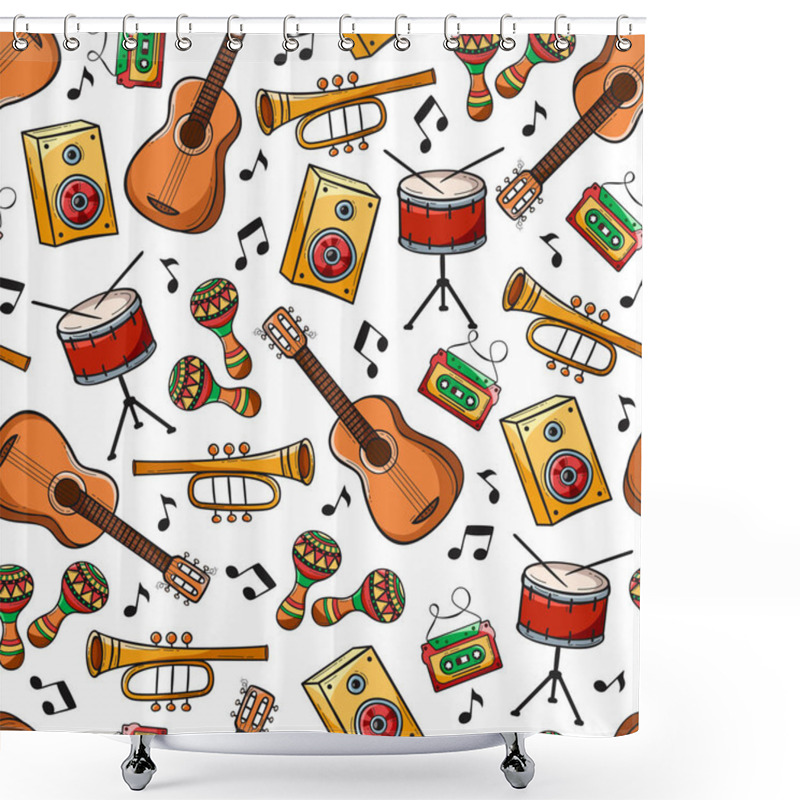 Personality  Hand Drawn Seamless Pattern With Musical Instruments In Doodle Style. Shower Curtains