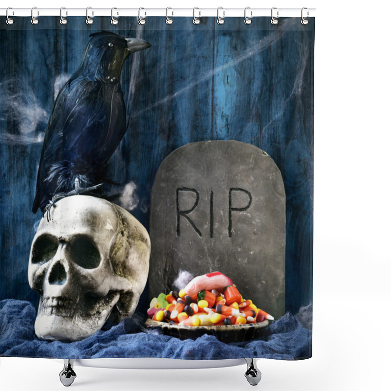 Personality  Crow, Skull, Gravestone And Halloween Candies Shower Curtains