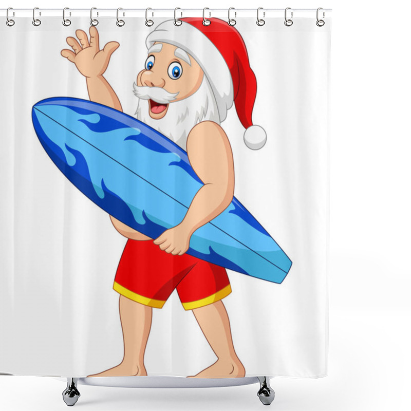 Personality  Vector Illustration Of Cartoon Santa Claus Holding A Surfboard Waving Hand Shower Curtains