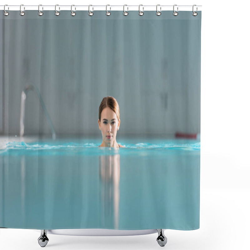 Personality  Pretty Young Woman Swimming In Pool Of Luxury Spa Center  Shower Curtains