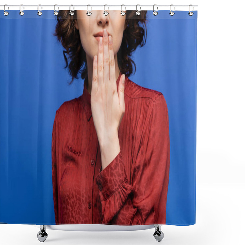 Personality  Cropped View Of Woman In Red Blouse Telling Thank You On Sign Language Isolated On Blue Shower Curtains