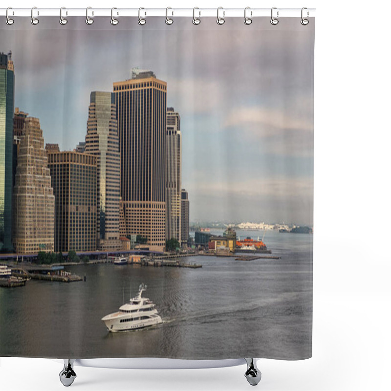 Personality  Horizon With Architecture. Cityscape Skyline Building Architecture. City Architectural Cityscape With Harbor. New York City Harbor. Cityscape In Metropolis City. City Downtown Skyline. Life In USA. Shower Curtains