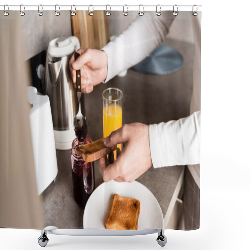 Personality  Partial View Of Man Spreading Jam On Toast For Breakfast Shower Curtains