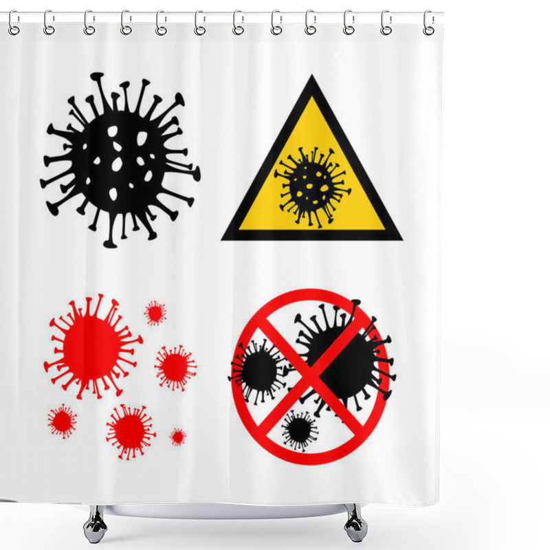 Personality  Set Of 4 Dangerous Coronavirus Red And Black Vector Icon. 2019-nCoV Bacteria Isolated On White Background. COVID-19 Wuhan Corona Virus Disease Sign STOP Pandemic Concept Symbol. Human Health Medical Shower Curtains